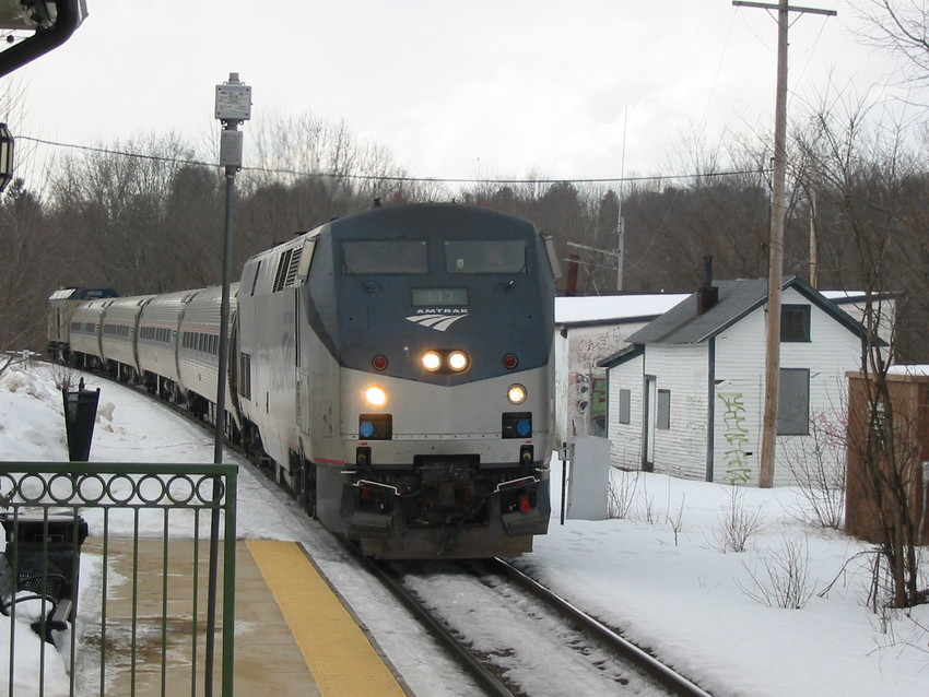 Amtrak Downeaster arriving at the Dover Transportation Center in Dover